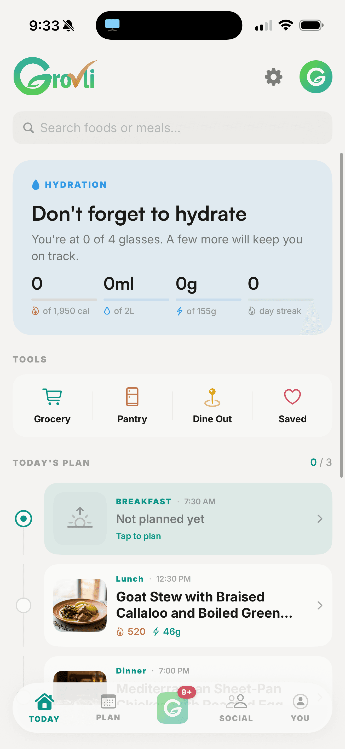 Today screen — daily plan, calorie ring, and hydration